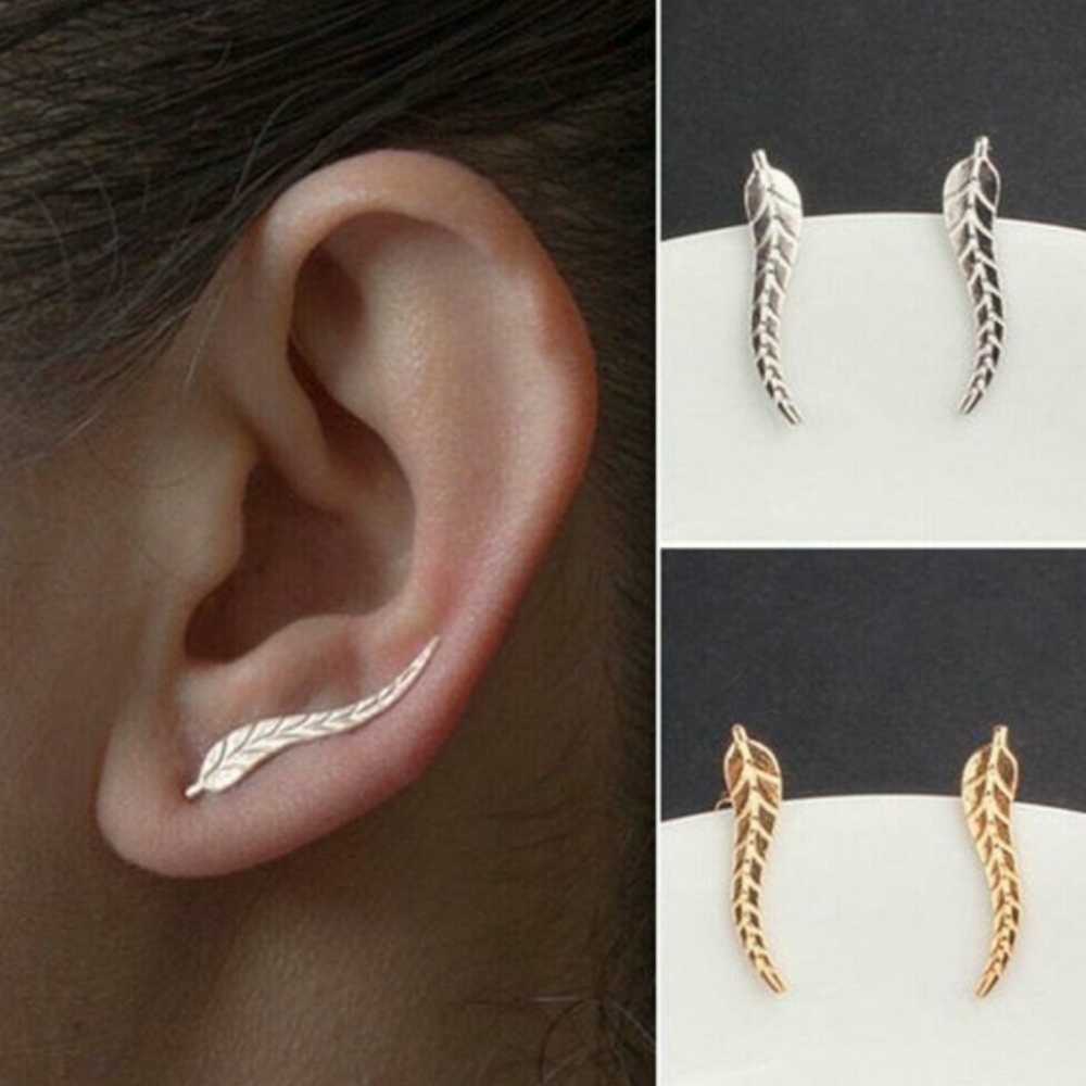 NWOT Silver Ear Climber Crawler Feather Earrings - Picture 4 of 4